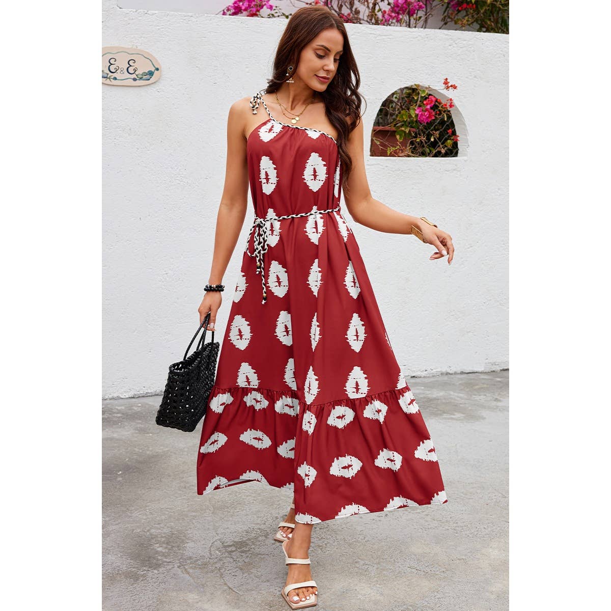 One Shoulder Print Belt Sleeveless Ruffle Dress