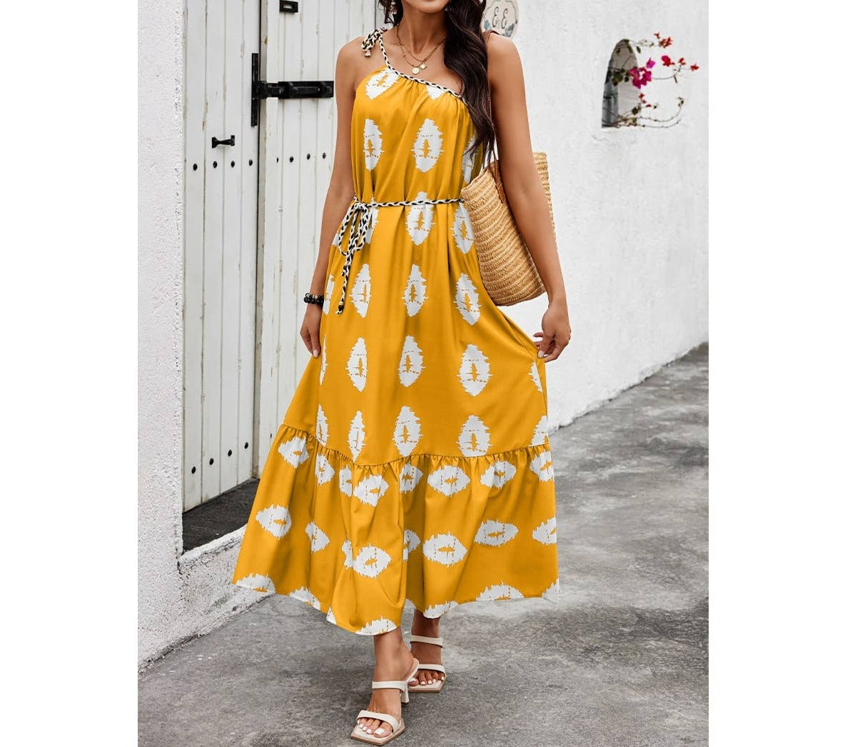 One Shoulder Print Belt Sleeveless Ruffle Dress