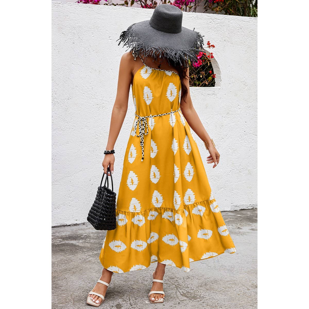 One Shoulder Print Belt Sleeveless Ruffle Dress