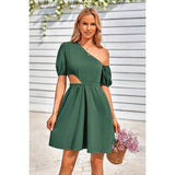 One Shoulder Puff Sleeve A Line Dress - ELINGS