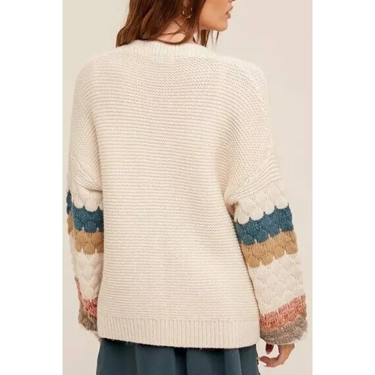 Open Front Crochet Sleeve Stripe Pattern Cardigan