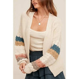 Open Front Crochet Sleeve Stripe Pattern Cardigan