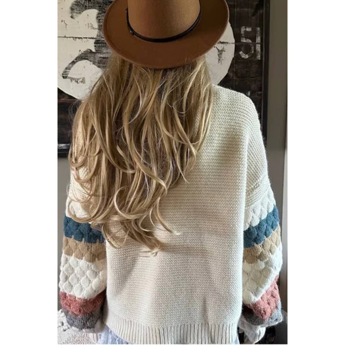 Open Front Crochet Sleeve Stripe Pattern Cardigan