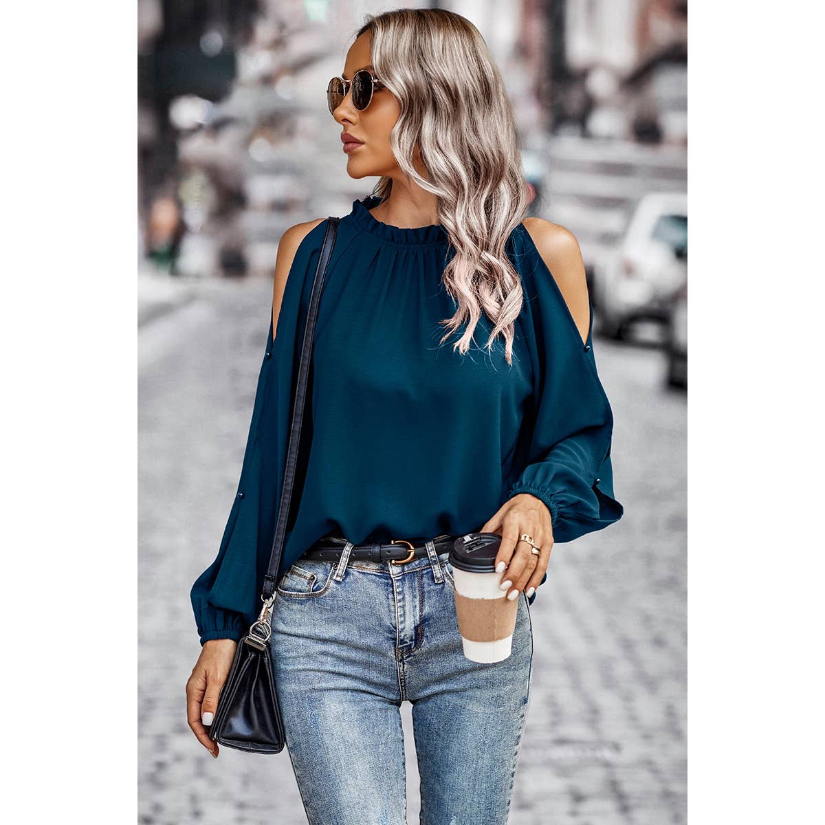 Open Shoulder Solid Loose Mock Neck Top - Elings