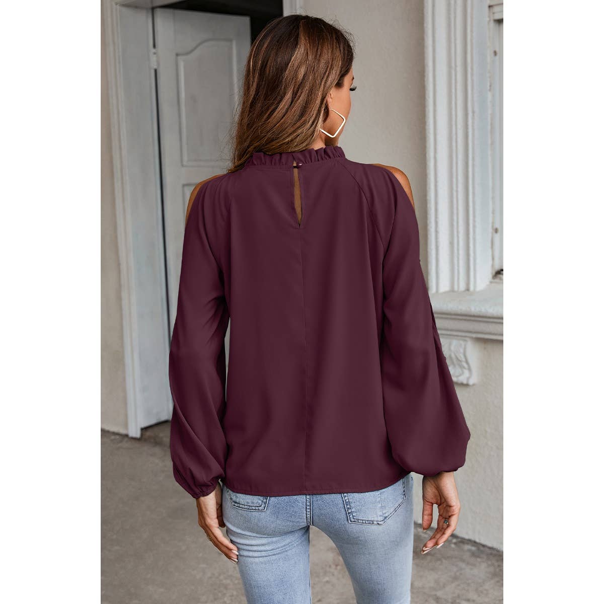 Open Shoulder Solid Loose Mock Neck Top - Elings