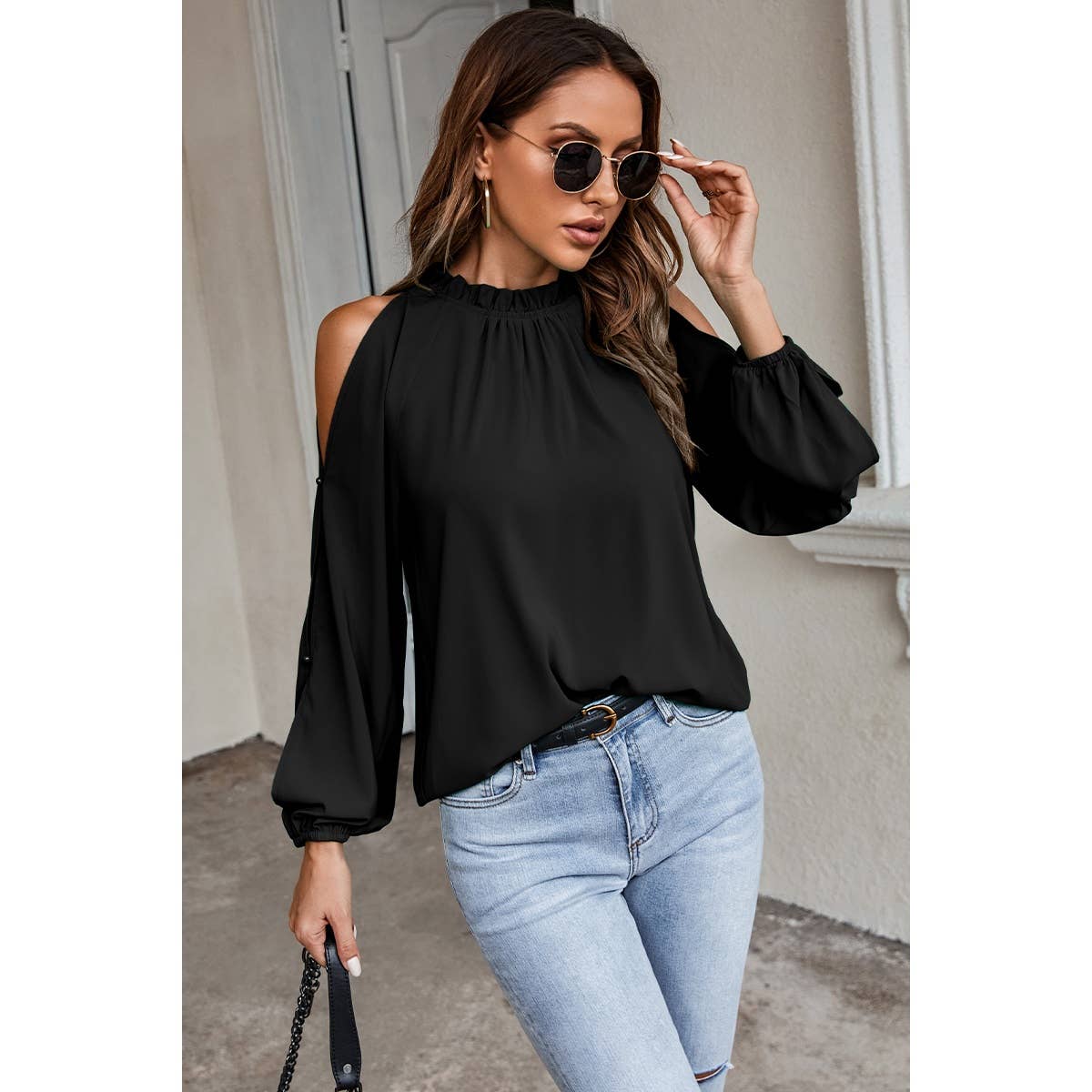 Open Shoulder Solid Loose Mock Neck Top - Elings