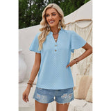 Plaid Button V Ruffle Neck Loose Blouse - Elings