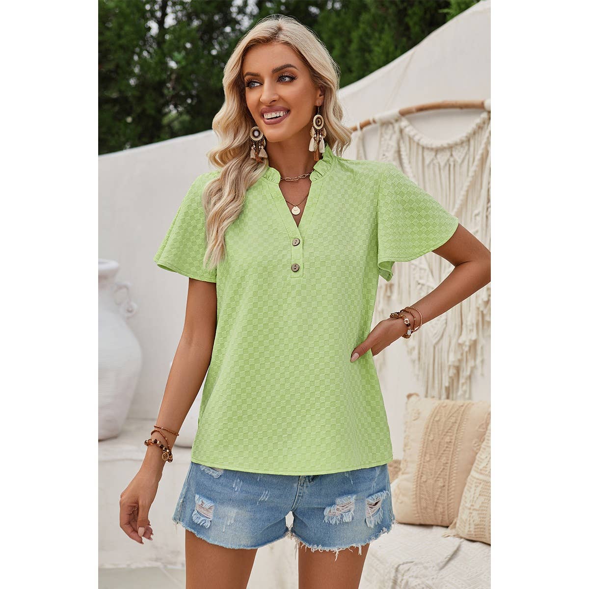 Plaid Button V Ruffle Neck Loose Blouse - Elings