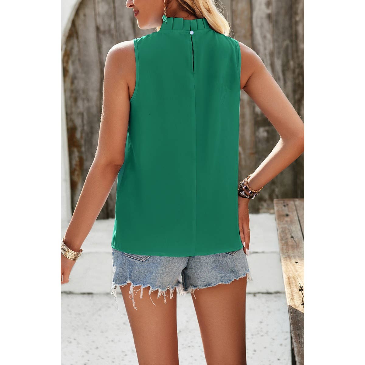 Pleated Ruched High Neck Sleeveless Blouson Top - Elings