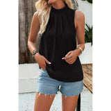 Pleated Ruched High Neck Sleeveless Blouson Top - Elings