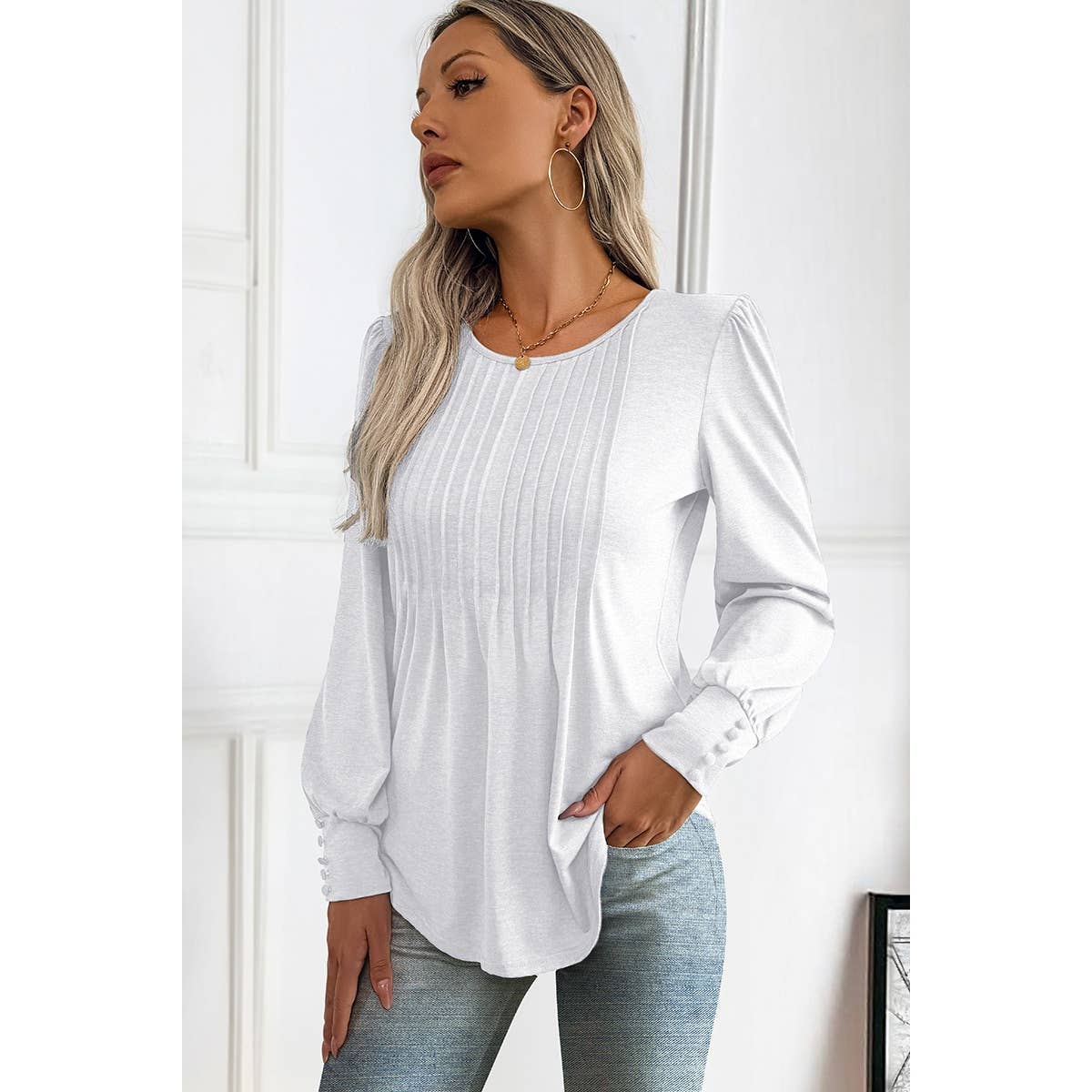 Pleated Solid Button Trim Round Neck Fit Top