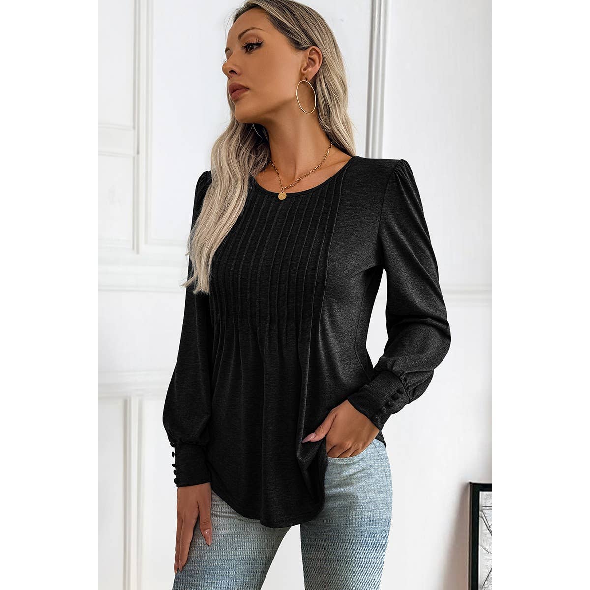 Pleated Solid Button Trim Round Neck Fit Top