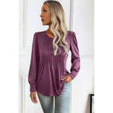 Pleated Solid Button Trim Round Neck Fit Top