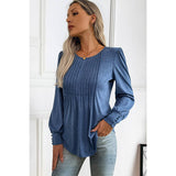 Pleated Solid Button Trim Round Neck Fit Top