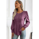 Pleated Solid Button Trim Round Neck Fit Top