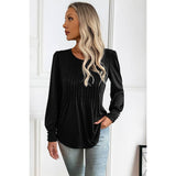 Pleated Solid Button Trim Round Neck Fit Top