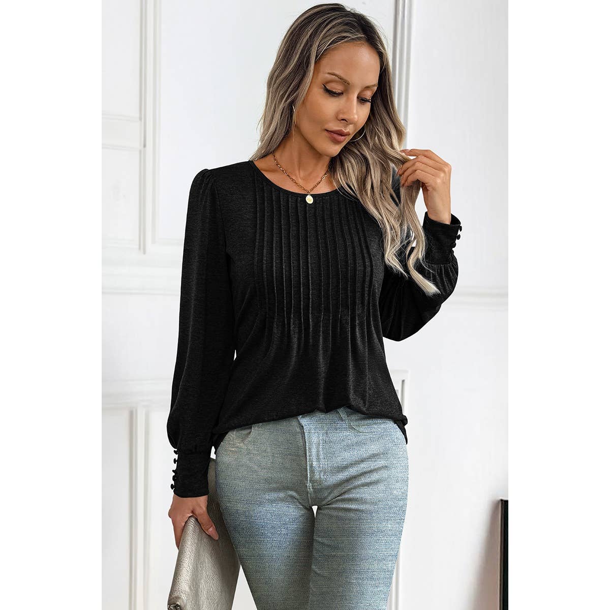 Pleated Solid Button Trim Round Neck Fit Top