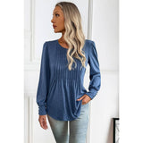 Pleated Solid Button Trim Round Neck Fit Top