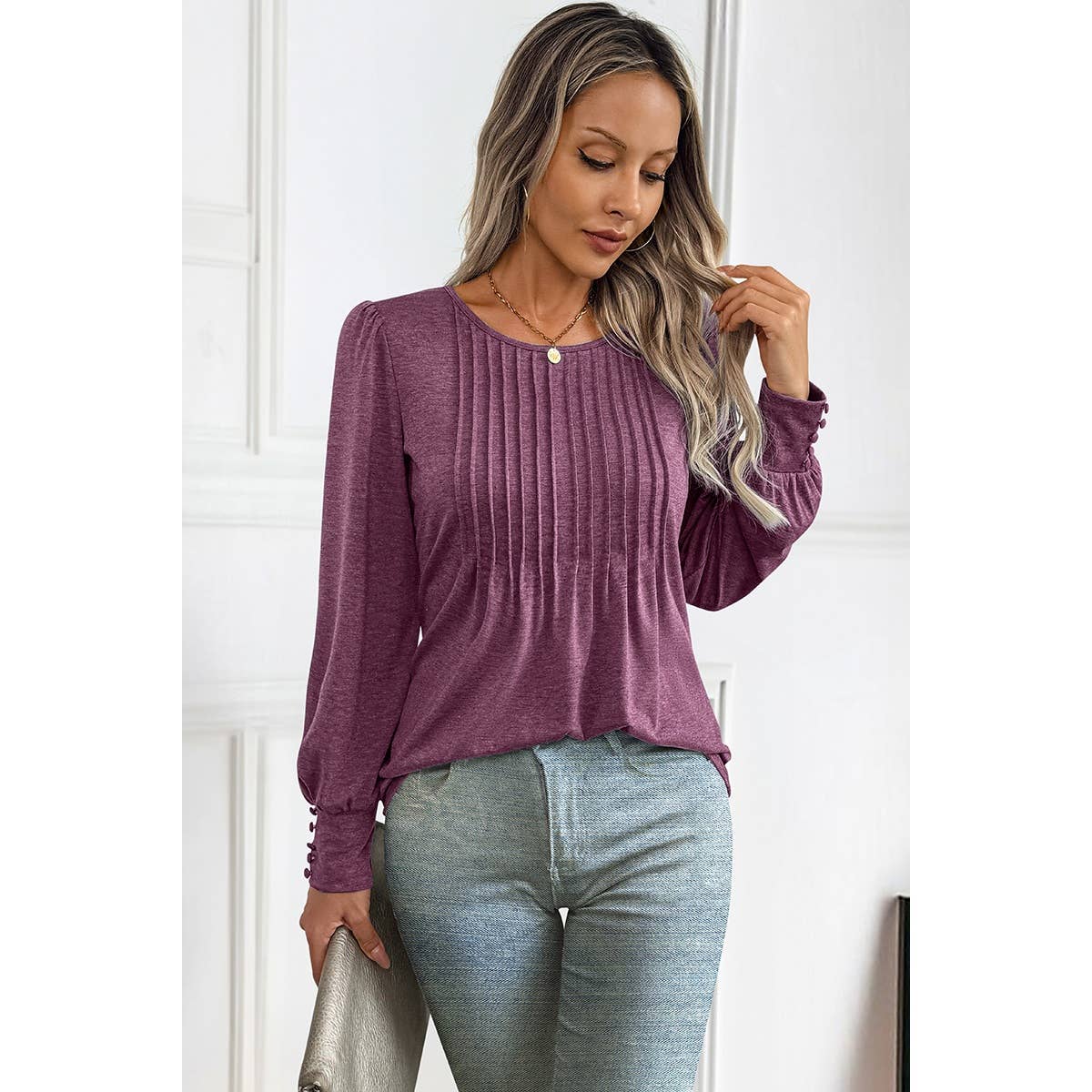 Pleated Solid Button Trim Round Neck Fit Top