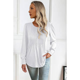 Pleated Solid Button Trim Round Neck Fit Top