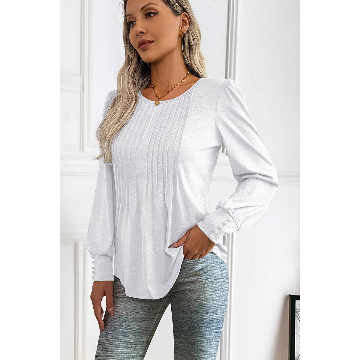 Pleated Solid Button Trim Round Neck Fit Top