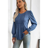 Pleated Solid Button Trim Round Neck Fit Top