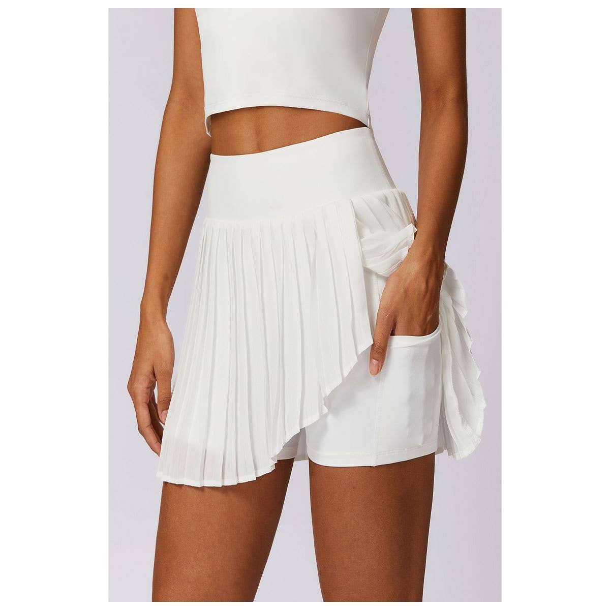 Pleated Solid Wide Waistband Sports Pocket Skirt