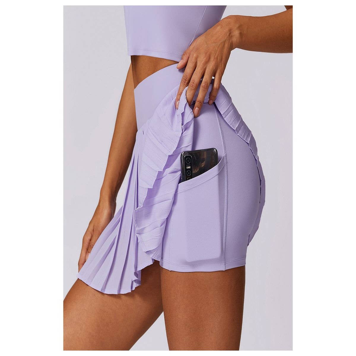 Pleated Solid Wide Waistband Sports Pocket Skirt