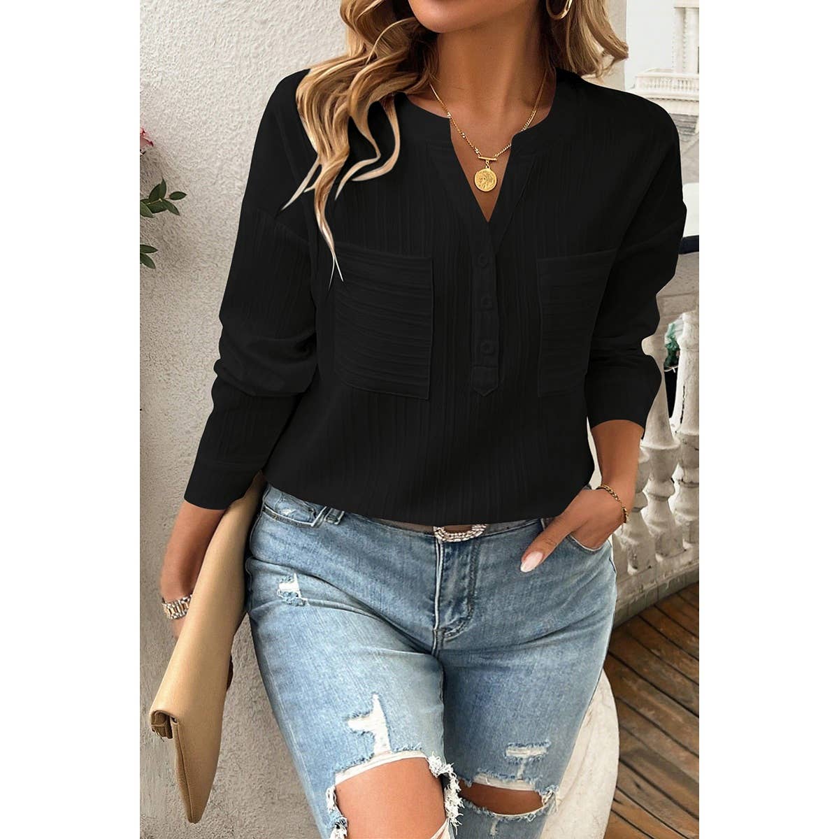 Pleated V Neck Pockets Button Drop Shoulder Blouse