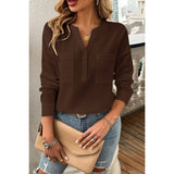 Pleated V Neck Pockets Button Drop Shoulder Blouse