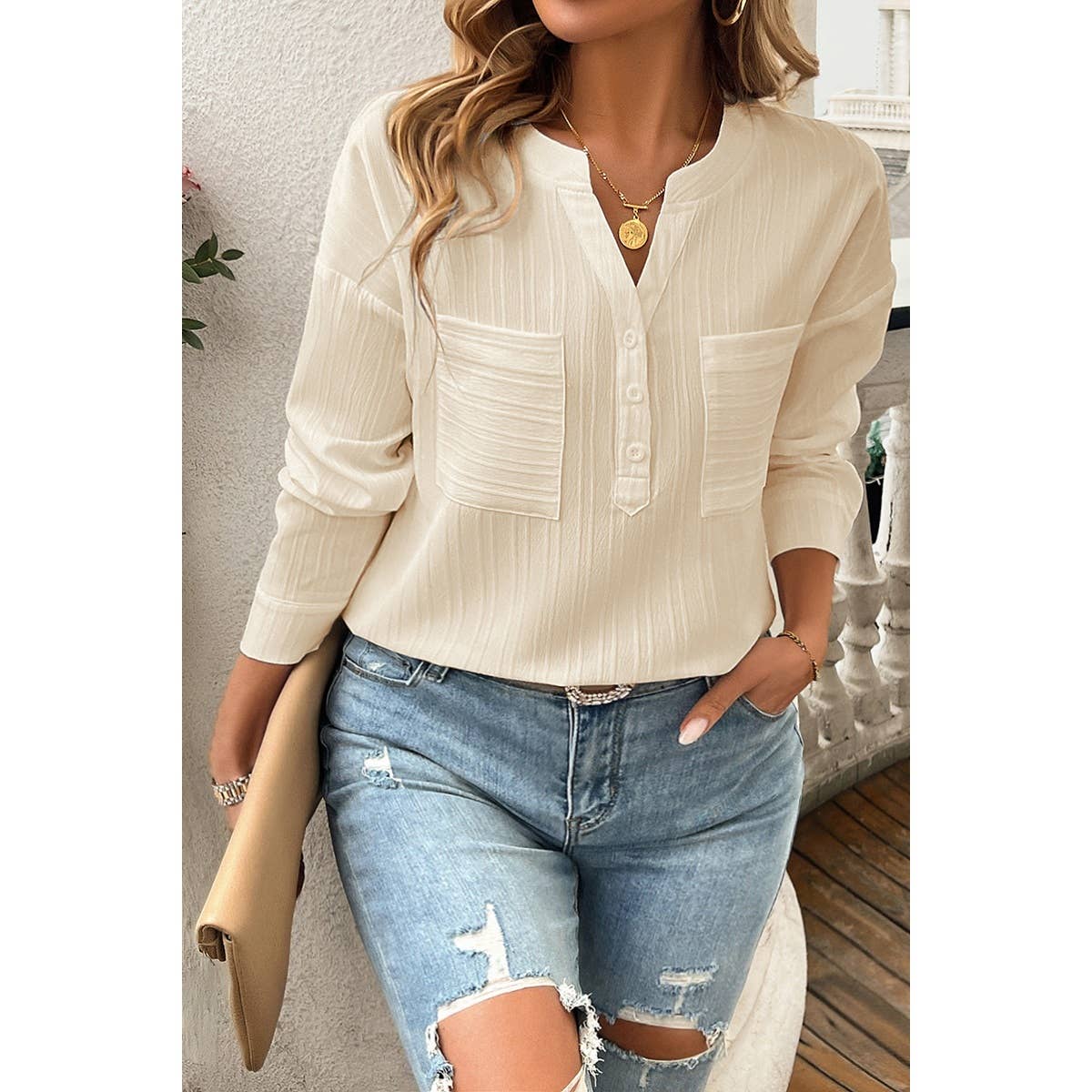 Pleated V Neck Pockets Button Drop Shoulder Blouse | Blouse - Women's | 2501, long sleeve top, new arrival, shoppe247, Spring-Summer, Top | Elings