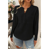 Pleated V Neck Pockets Button Drop Shoulder Blouse