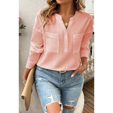 Pleated V Neck Pockets Button Drop Shoulder Blouse