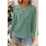 Pleated V Neck Pockets Button Drop Shoulder Blouse