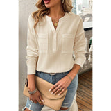 Pleated V Neck Pockets Button Drop Shoulder Blouse