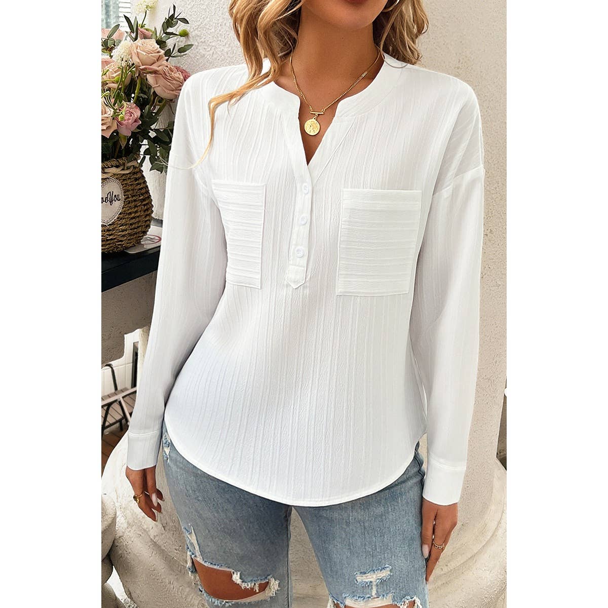 Pleated V Neck Pockets Button Drop Shoulder Blouse