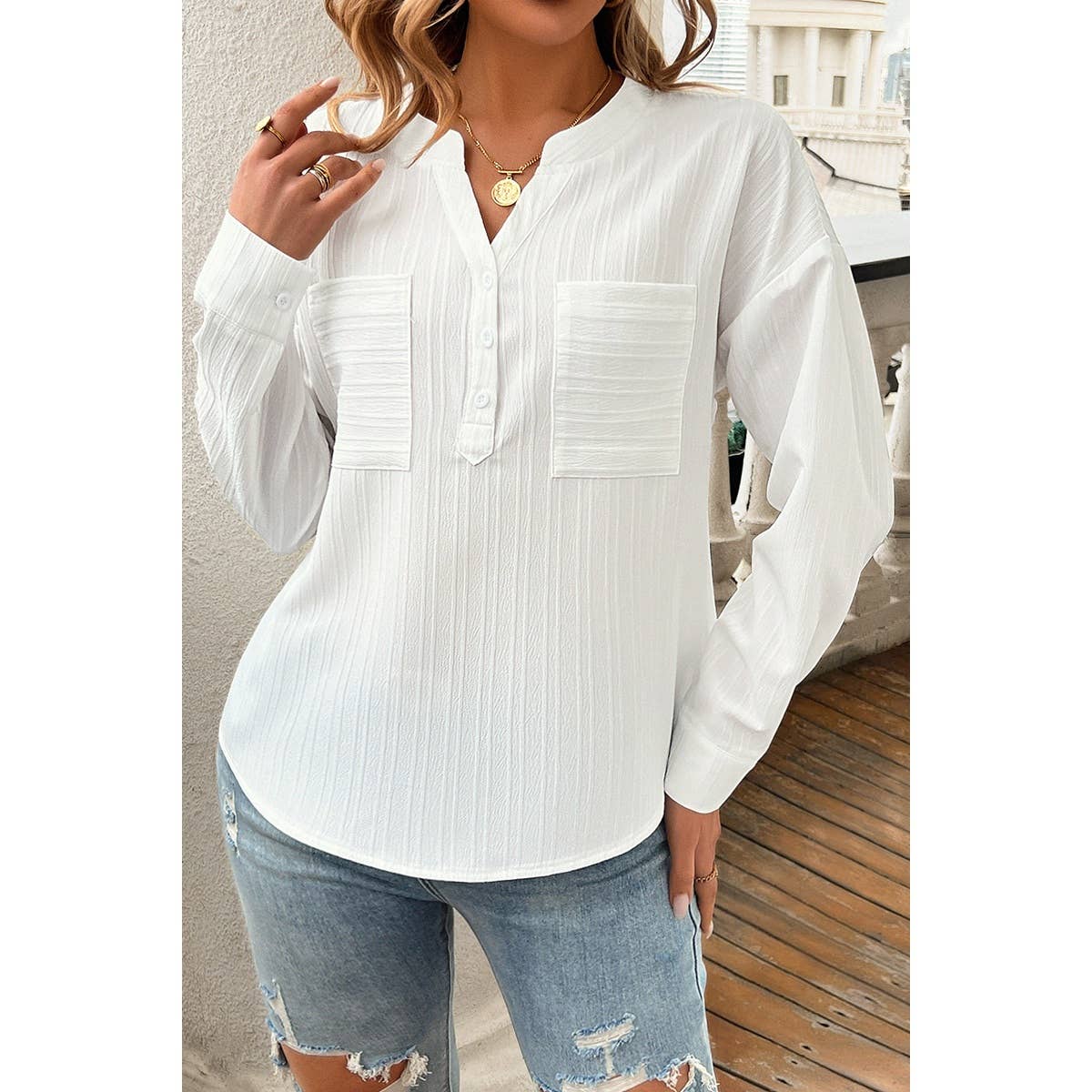 Pleated V Neck Pockets Button Drop Shoulder Blouse