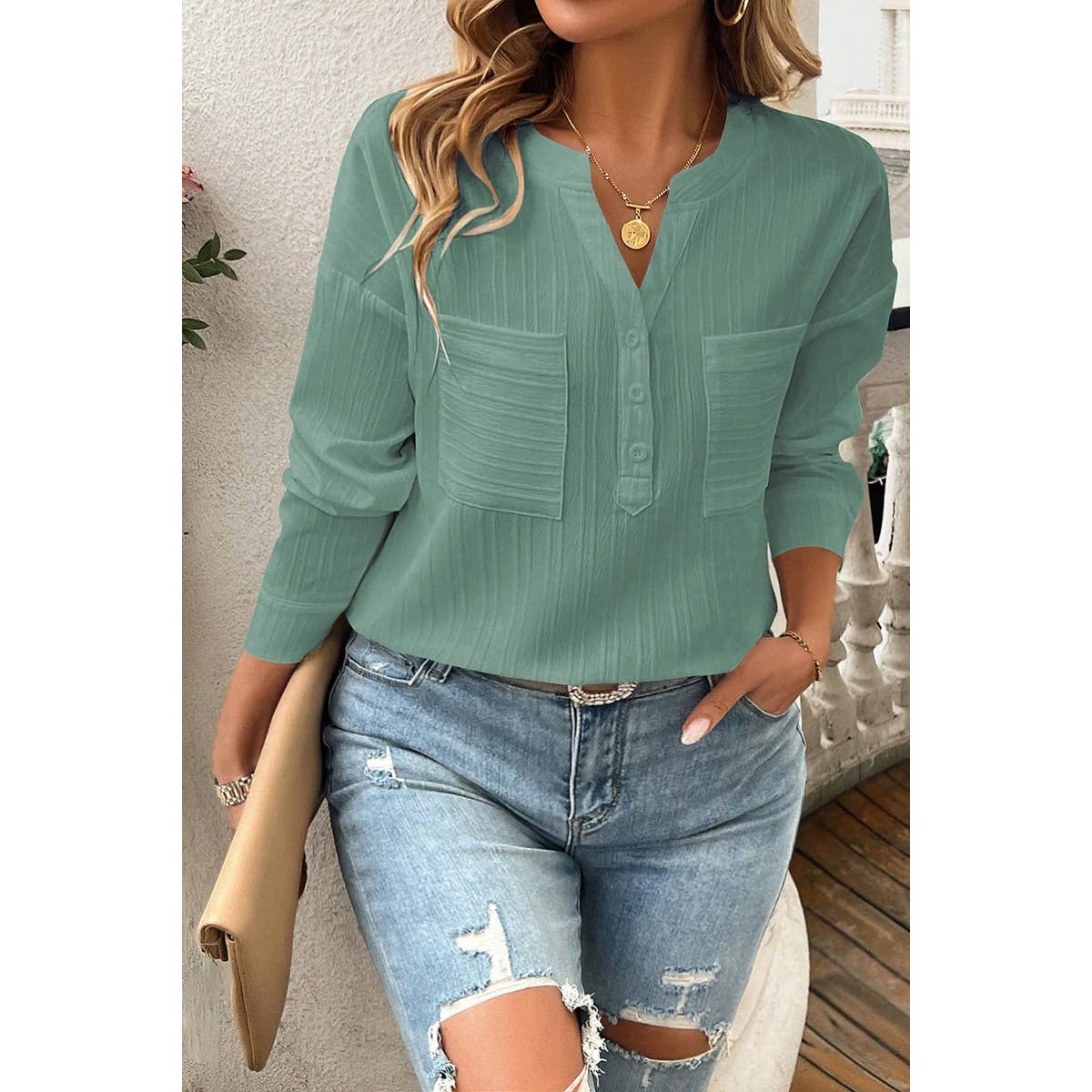 Pleated V Neck Pockets Button Drop Shoulder Blouse