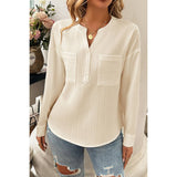 Pleated V Neck Pockets Button Drop Shoulder Blouse