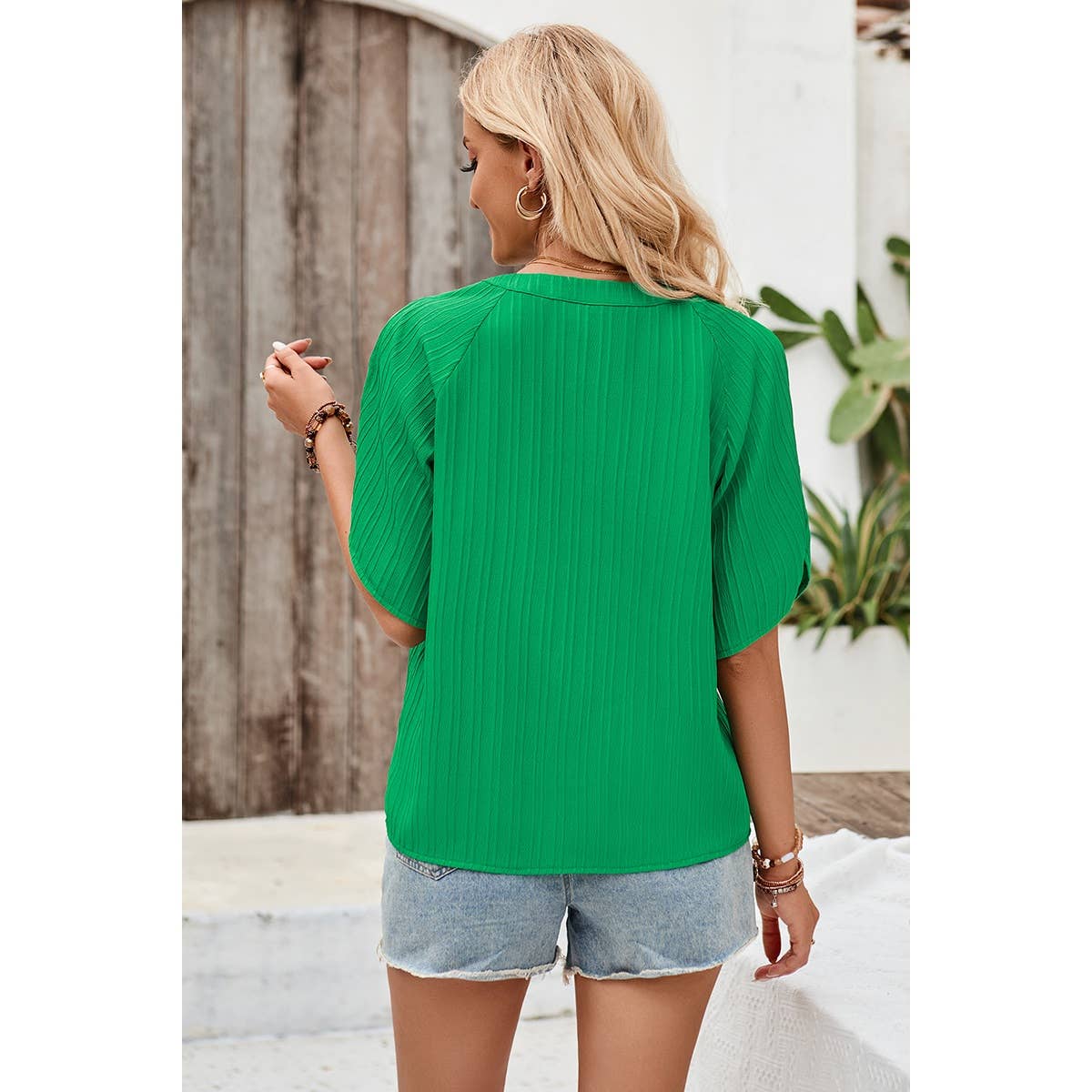 Pleated V Neck Side Open Solid Blouse