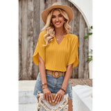 Pleated V Neck Side Open Solid Blouse