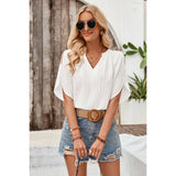 Pleated V Neck Side Open Solid Blouse