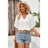 Pleated V Neck Side Open Solid Blouse