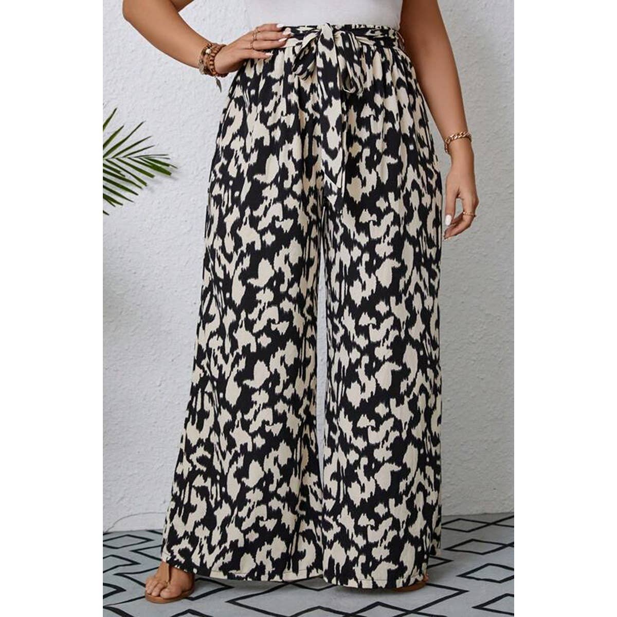 Plus Animal Print Wide Leg Belt Pant - MVTFASHION.COM