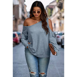 Plus One Shoulder Solid Loose Fit Long Sleeves Top