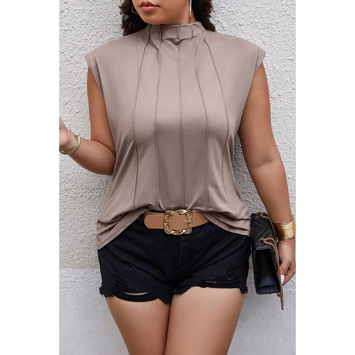 Plus Solid Pleated Sleeveless Elastic Fit Shirt