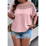 Plus Solid Round Neck Hollow Out Lace Blouse