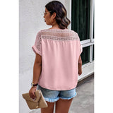 Plus Solid Round Neck Hollow Out Lace Blouse