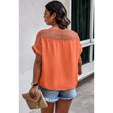 Plus Solid Round Neck Hollow Out Lace Blouse