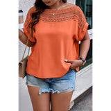 Plus Solid Round Neck Hollow Out Lace Blouse